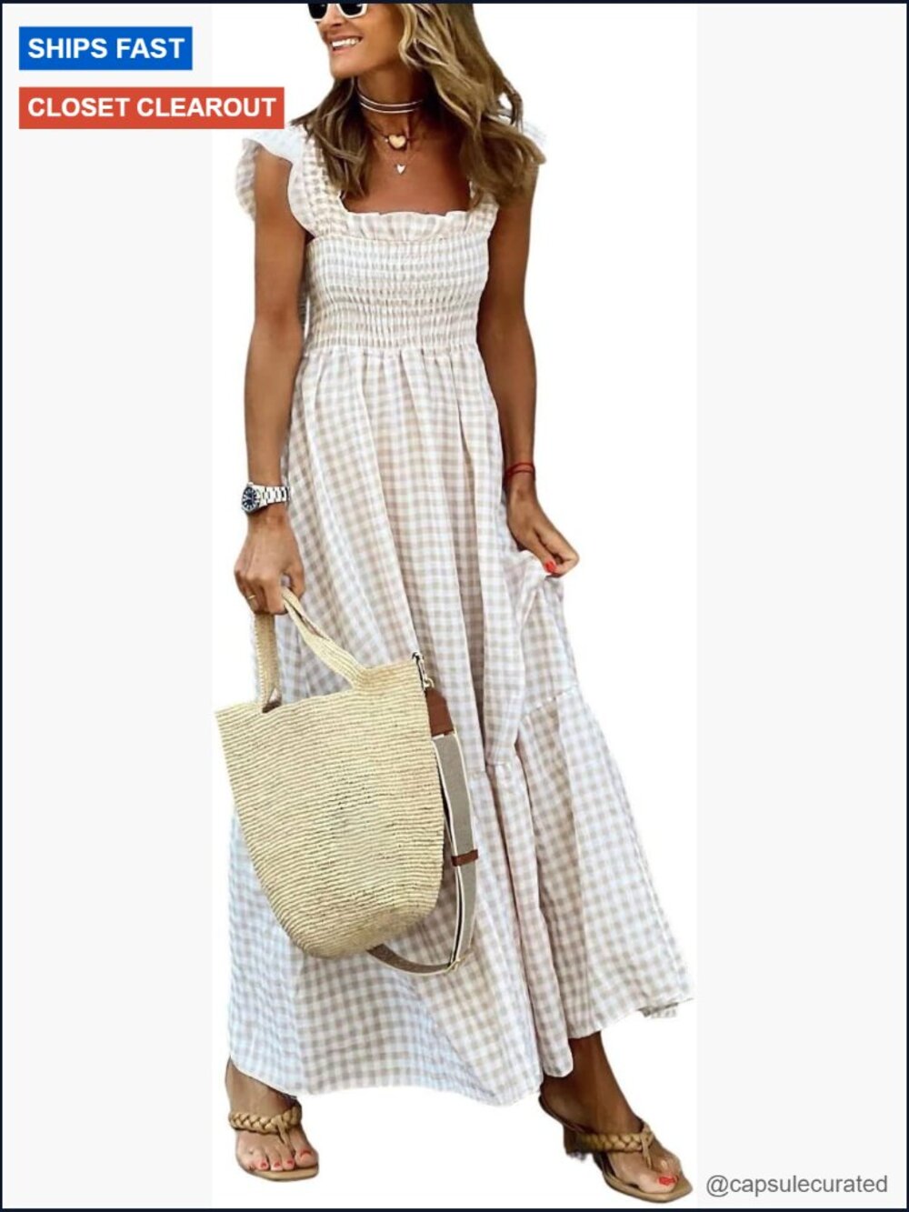 Retro Plaid Smocked Spaghetti Strap Flounce Long Dress A-Line